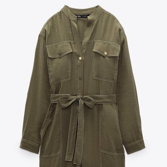 NEW Zara Olive Green Modal Long Sleeves Contrasting Topstitch Belted Jumpsuit S - Picture 7 of 9